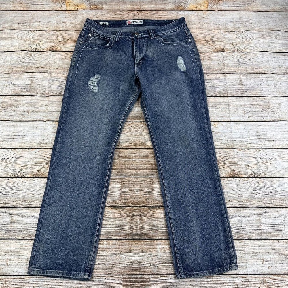 YASO Straight Leg Mid Rise Casual Jeans Men Size 36 x 33 Distressed  Denim Pants